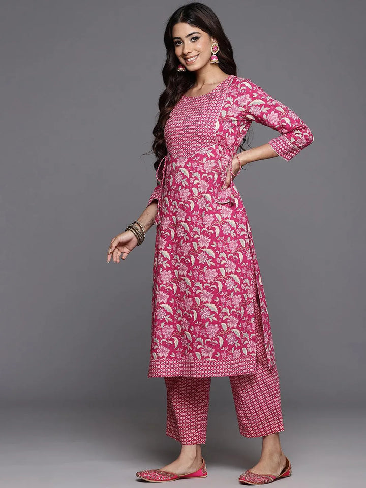 Pink Printed Cotton Straight Kurta With Trousers & Dupatta - Libas
