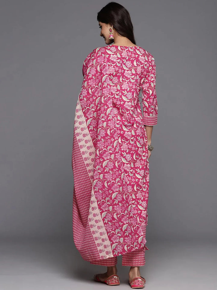Pink Printed Cotton Straight Kurta With Trousers & Dupatta - Libas