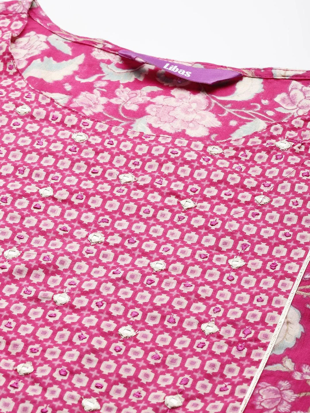 Pink Printed Cotton Straight Kurta With Trousers & Dupatta - Libas 