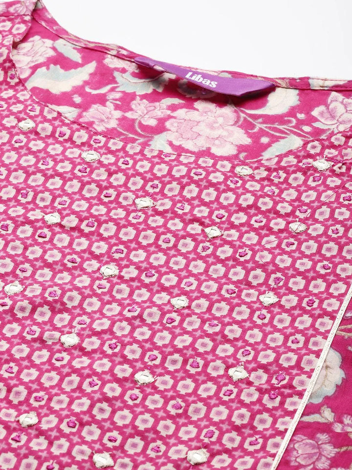 Pink Printed Cotton Straight Kurta With Trousers & Dupatta - Libas