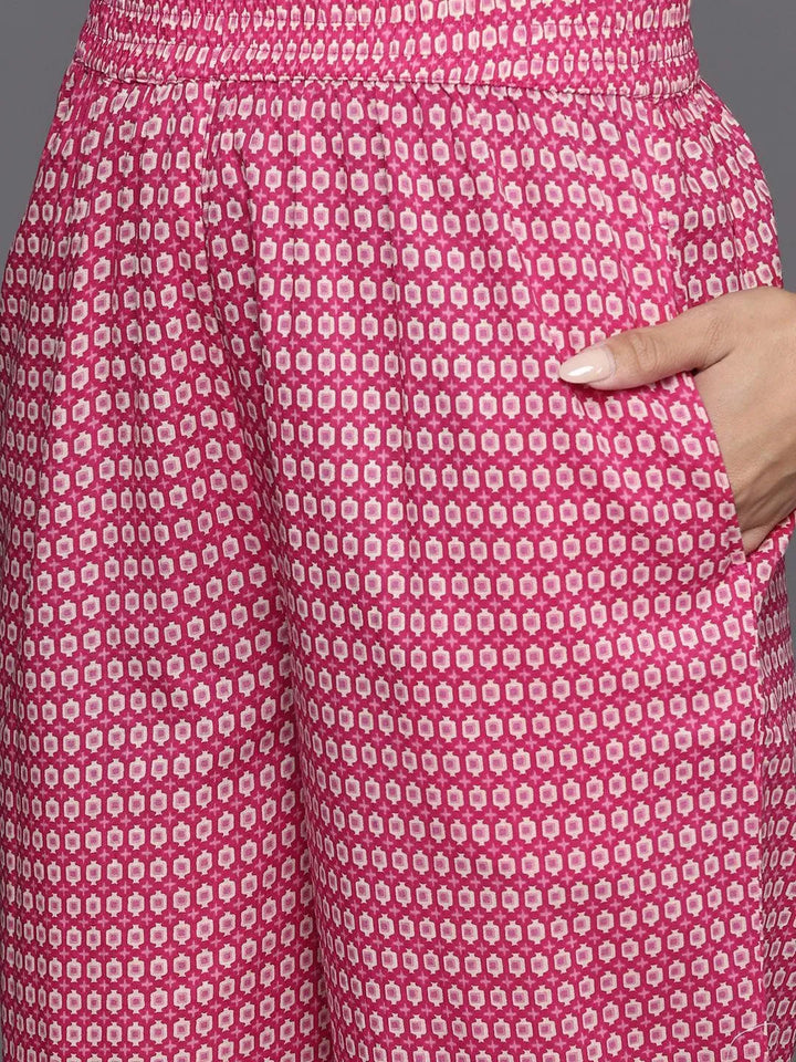 Pink Printed Cotton Straight Kurta With Trousers & Dupatta - Libas