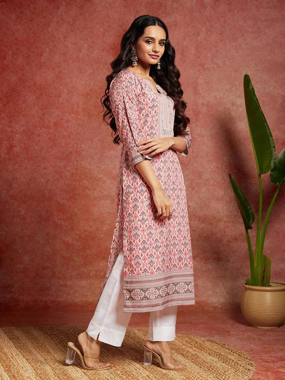 Pink Printed Crepe Straight Kurta - Libas