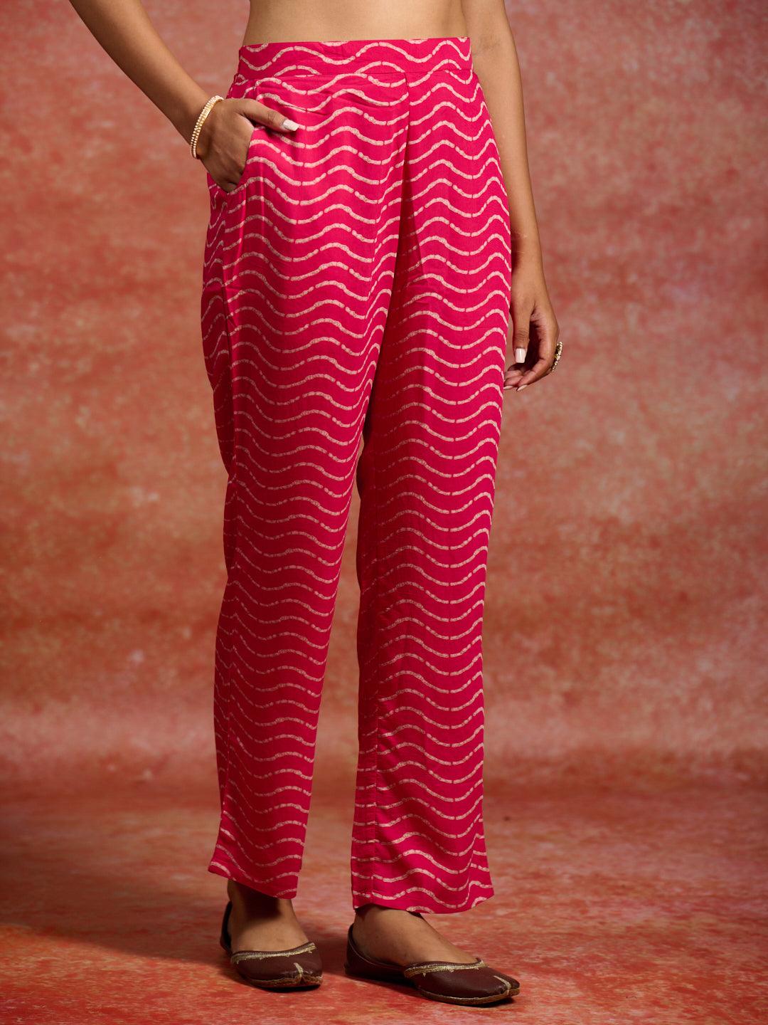 Pink Printed Silk Blend A-Line Kurta With Trousers & Dupatta - Libas
