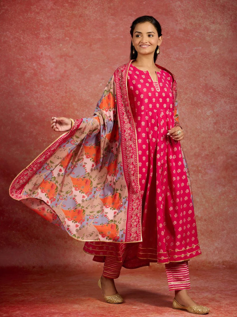 Libas Pink Printed Silk Blend Anarkali Suit With Dupatta