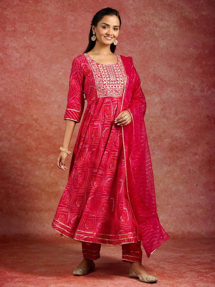 Pink Printed Silk Blend Anarkali Kurta With Trousers & Dupatta - Libas