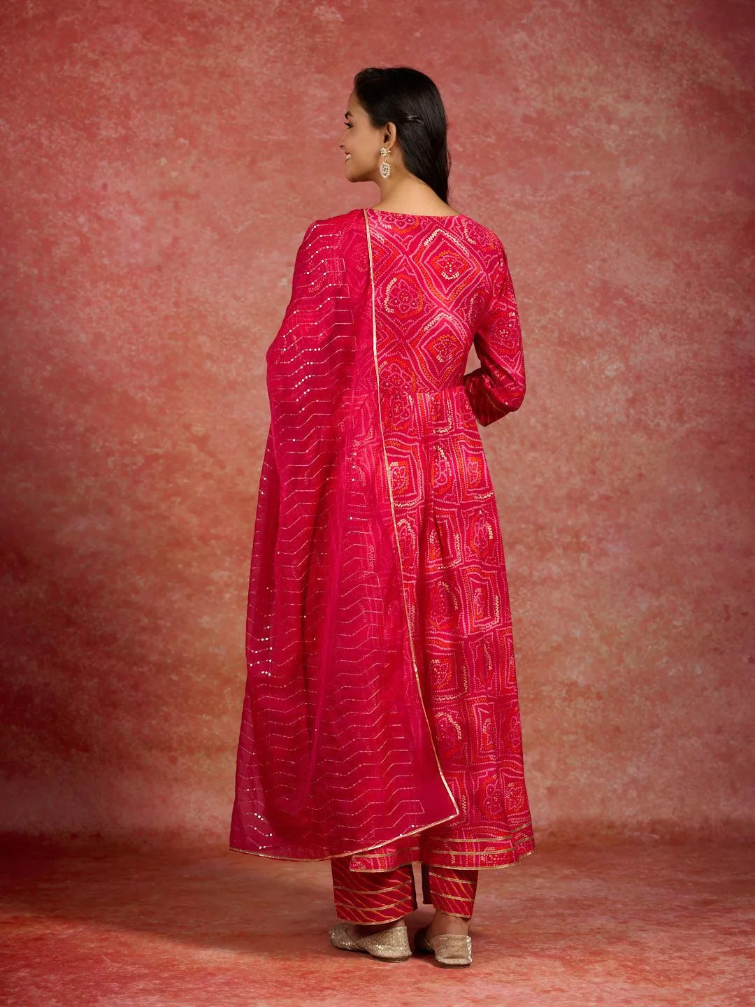 Pink Printed Silk Blend Anarkali Kurta With Trousers & Dupatta - Libas