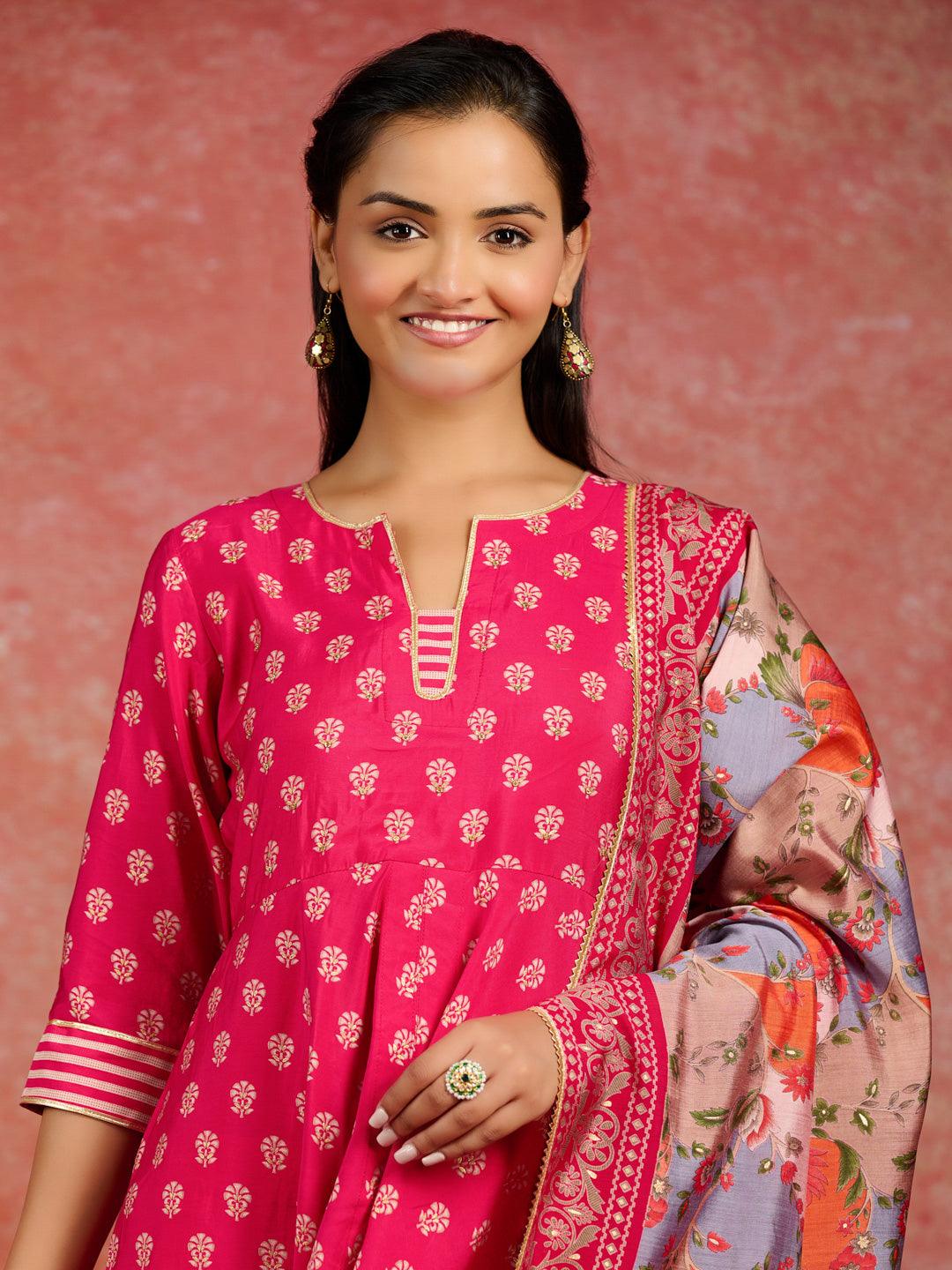 Pink Printed Silk Blend Anarkali Suit With Dupatta