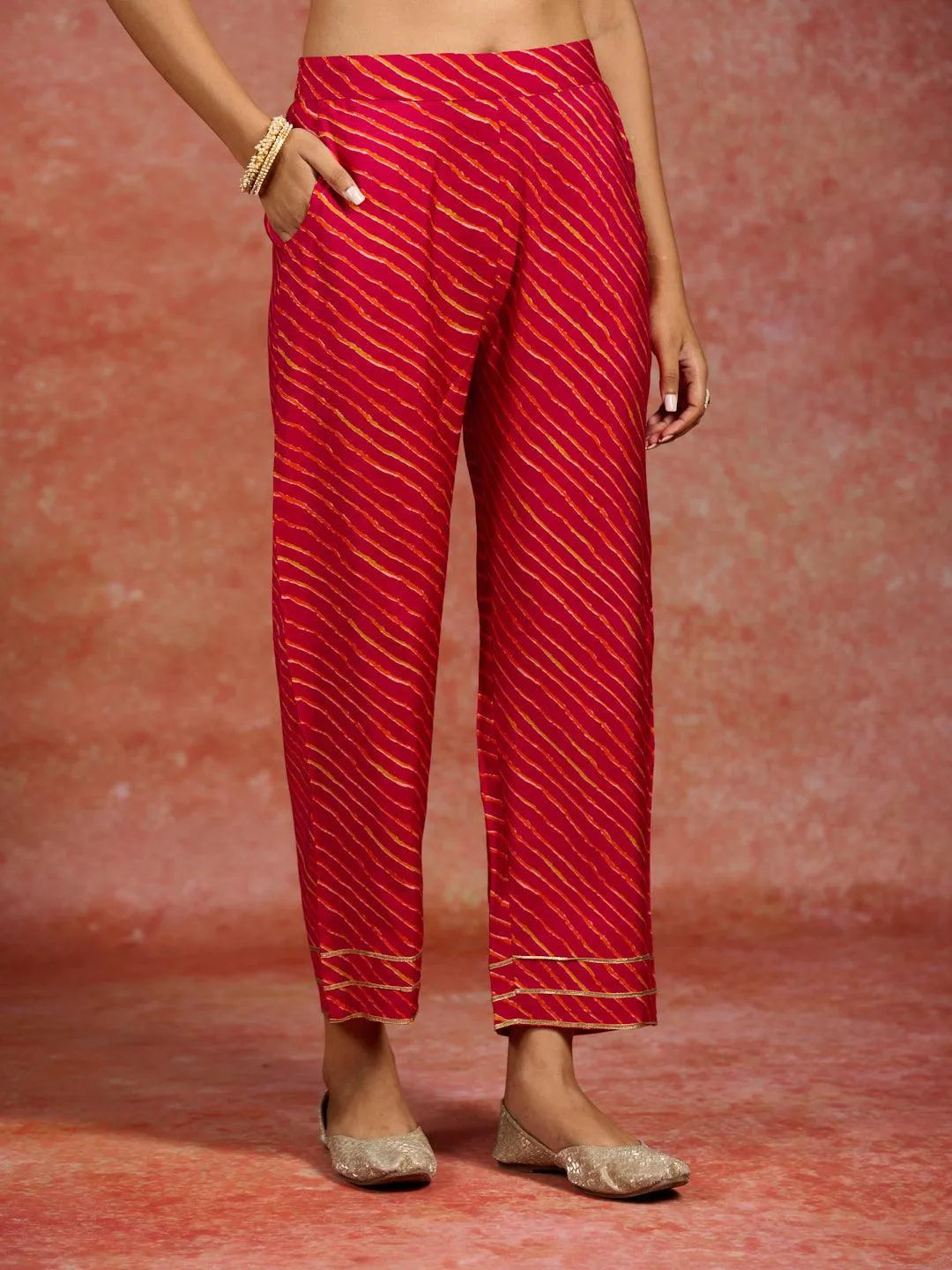 Pink Printed Silk Blend Anarkali Kurta With Trousers & Dupatta - Libas 