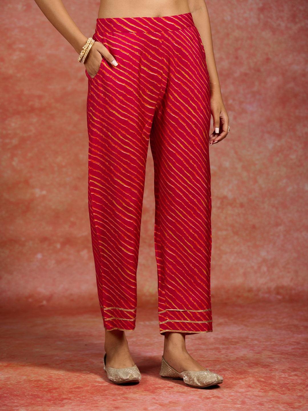Pink Printed Silk Blend Anarkali Kurta With Trousers & Dupatta - Libas