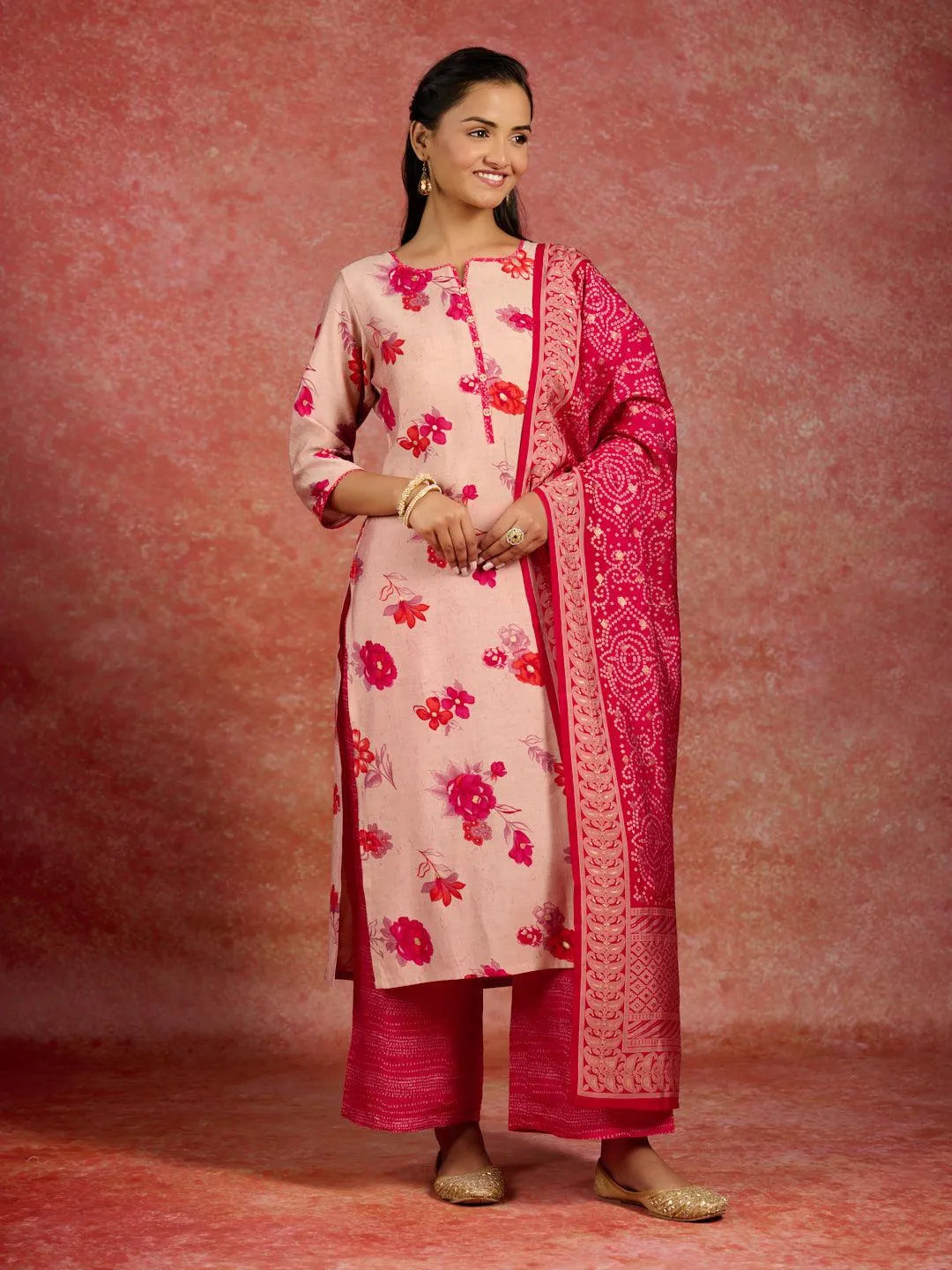 Pink Printed Silk Blend Straight Kurta With Palazzos & Dupatta - Libas 