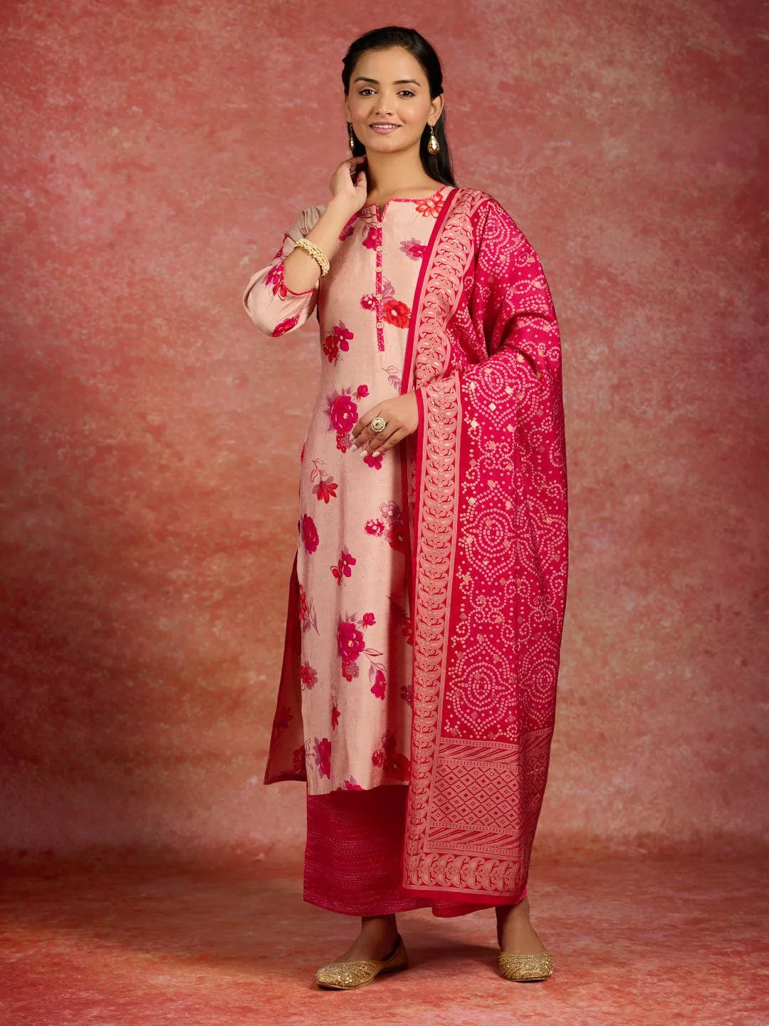 Pink Printed Silk Blend Straight Kurta With Palazzos & Dupatta - Libas 