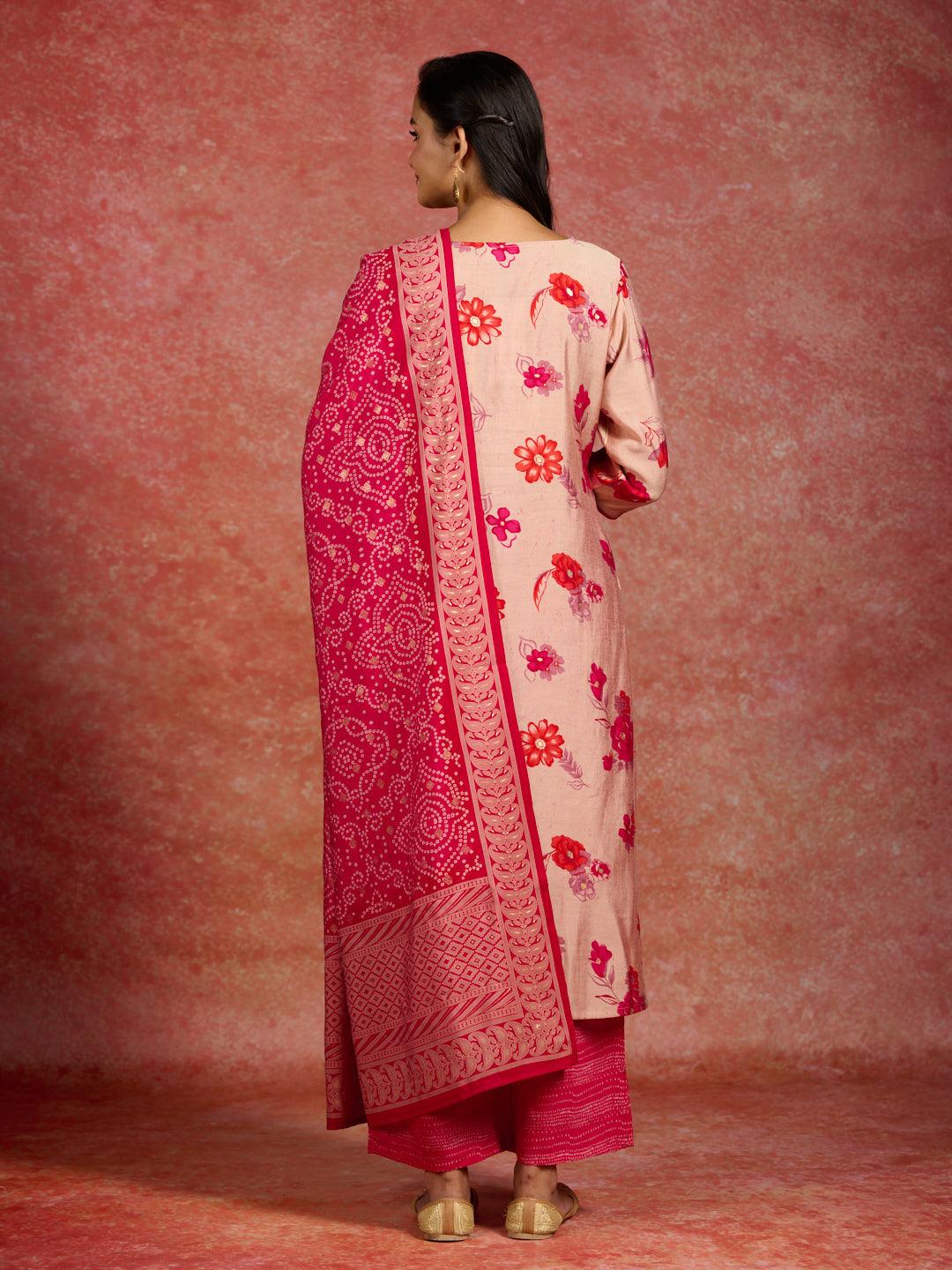 Pink Printed Silk Blend Straight Kurta With Palazzos & Dupatta - Libas
