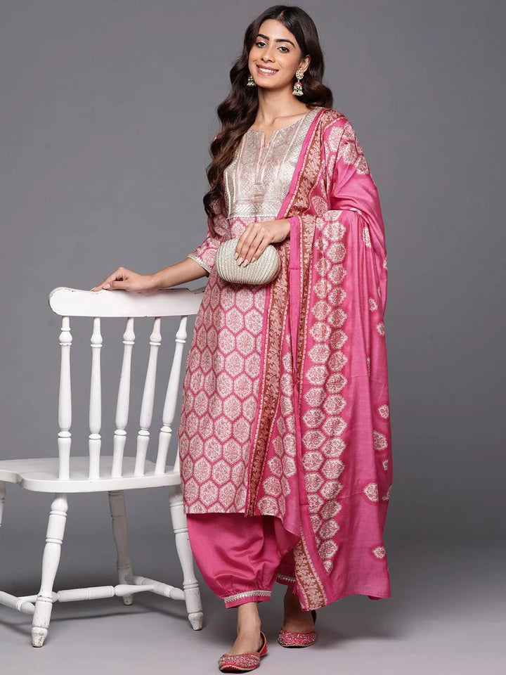 Pink Printed Silk Blend Straight Kurta With Salwar & Dupatta - Libas