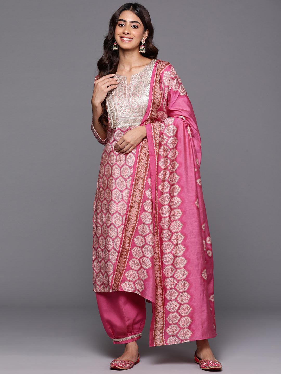 Pink Printed Silk Blend Straight Kurta With Salwar & Dupatta - Libas