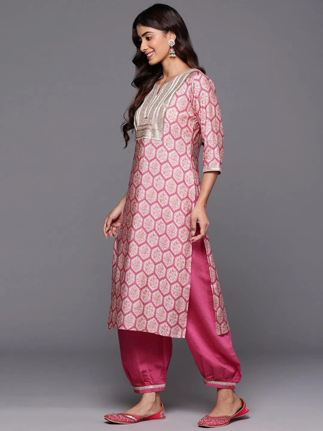 Pink Printed Silk Blend Straight Kurta With Salwar & Dupatta - Libas 