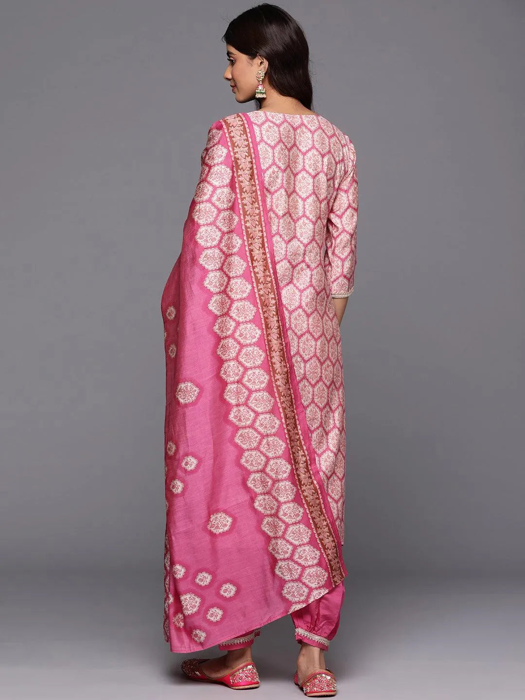 Pink Printed Silk Blend Straight Kurta With Salwar & Dupatta - Libas 