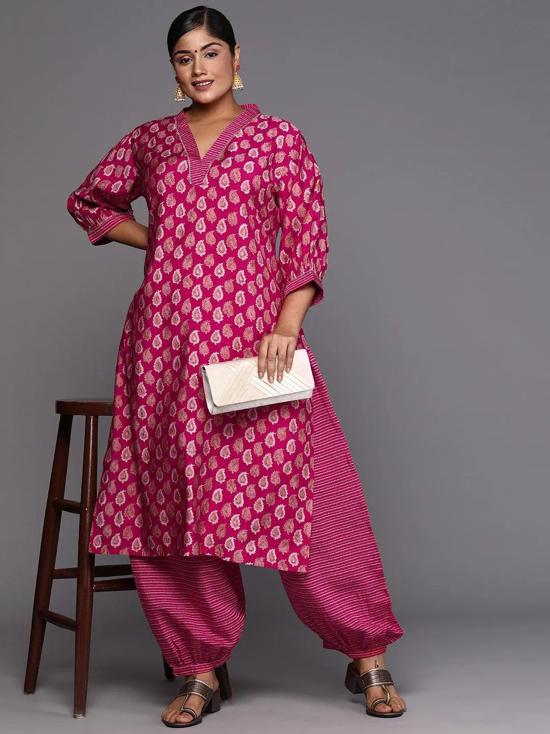 Pink Printed Silk Blend Straight Kurta With Salwar - Libas 
