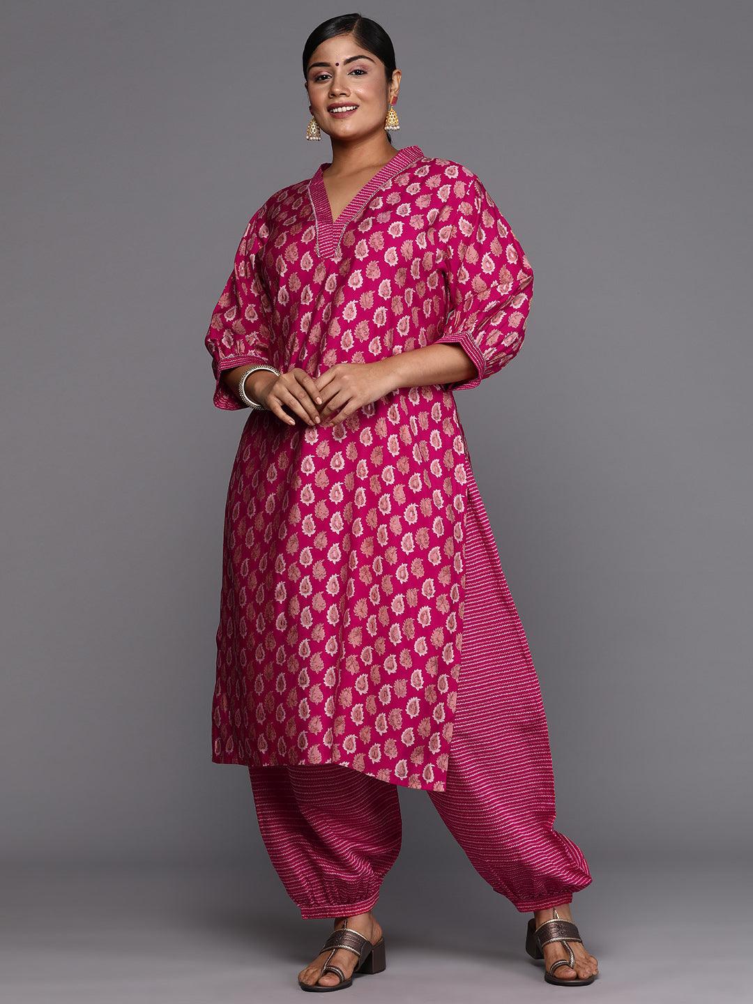 Plus Size Pink Printed Silk Blend Straight Kurta Set
