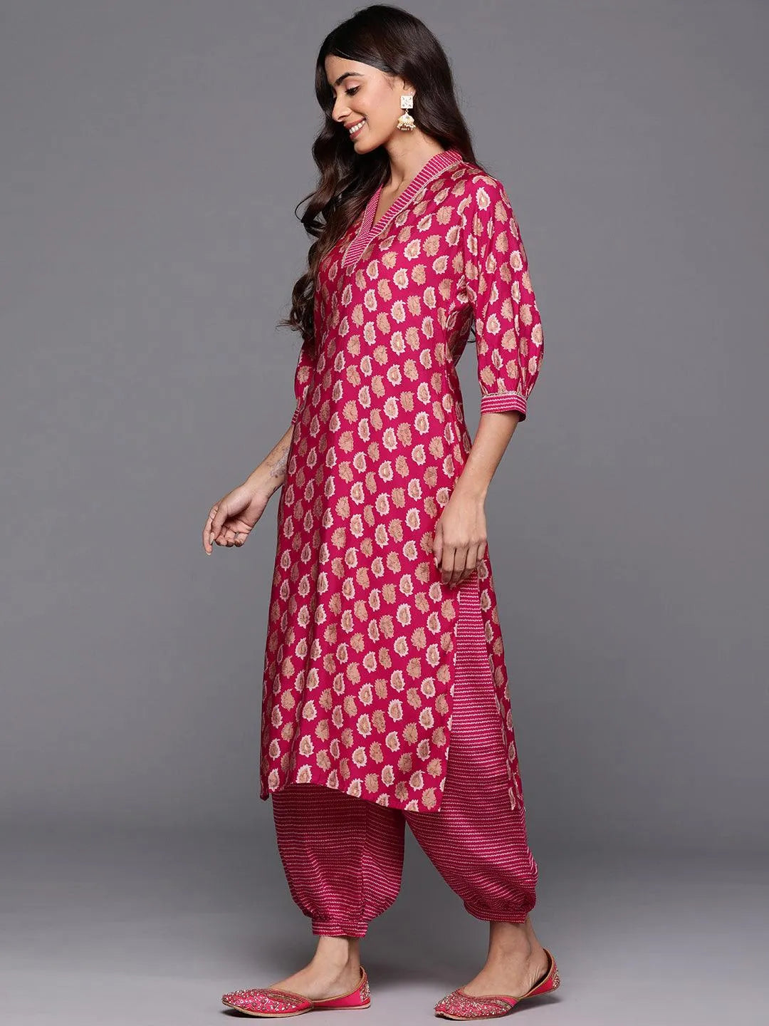 Pink Printed Silk Blend Straight Kurta With Salwar - Libas 