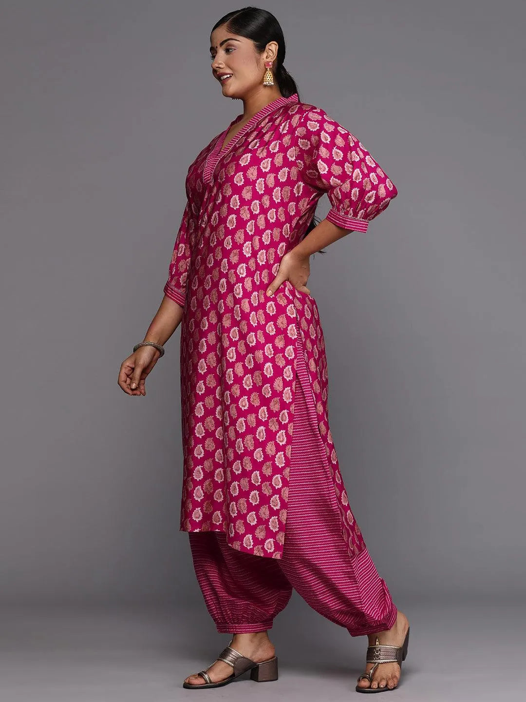 Pink Printed Silk Blend Straight Kurta With Salwar - Libas 