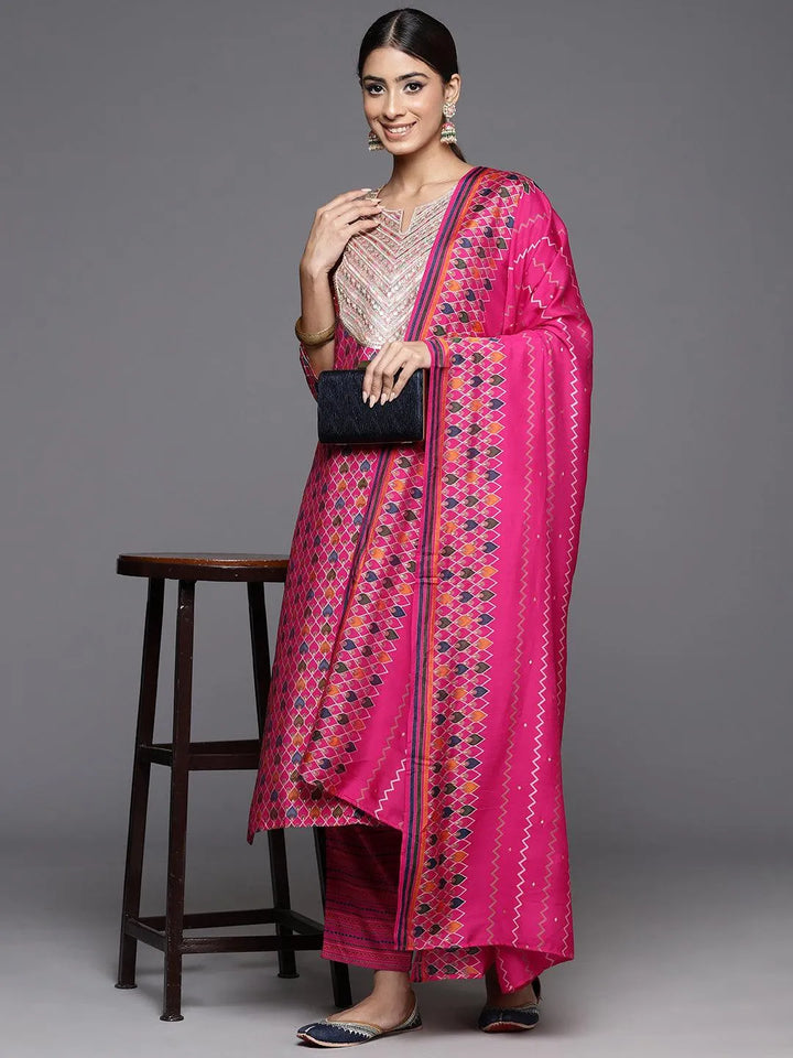 Pink Printed Silk Blend Straight Kurta With Trousers & Dupatta - Libas