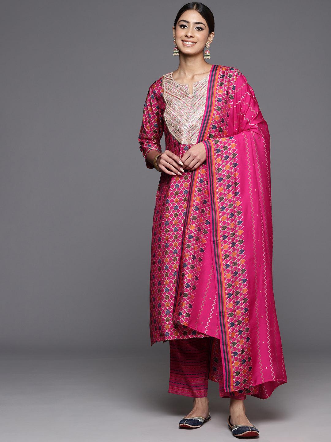 Pink Printed Silk Blend Straight Suit With Dupatta