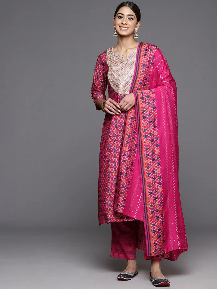 Pink Printed Silk Blend Straight Kurta With Trousers & Dupatta - Libas