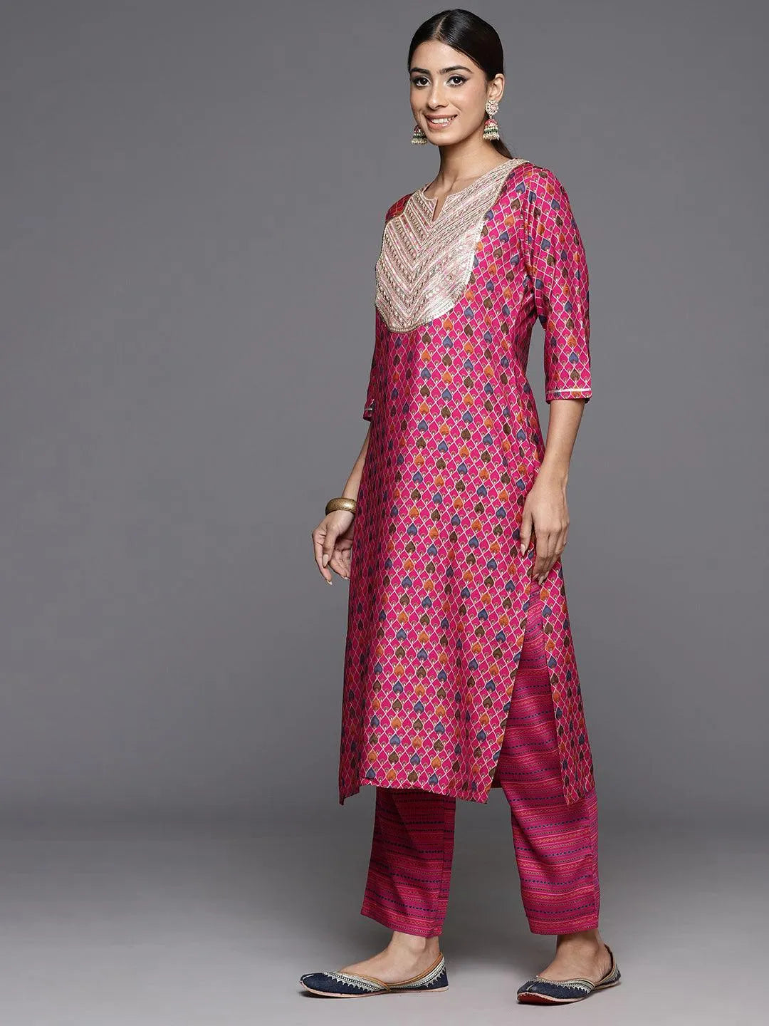 Pink Printed Silk Blend Straight Kurta With Trousers & Dupatta - Libas 