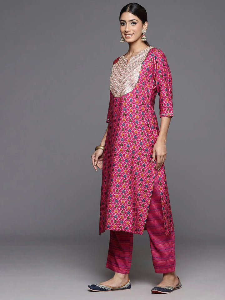Pink Printed Silk Blend Straight Kurta With Trousers & Dupatta - Libas