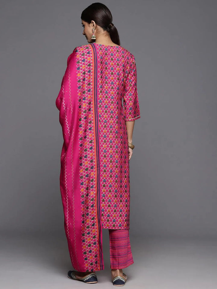 Pink Printed Silk Blend Straight Kurta With Trousers & Dupatta - Libas