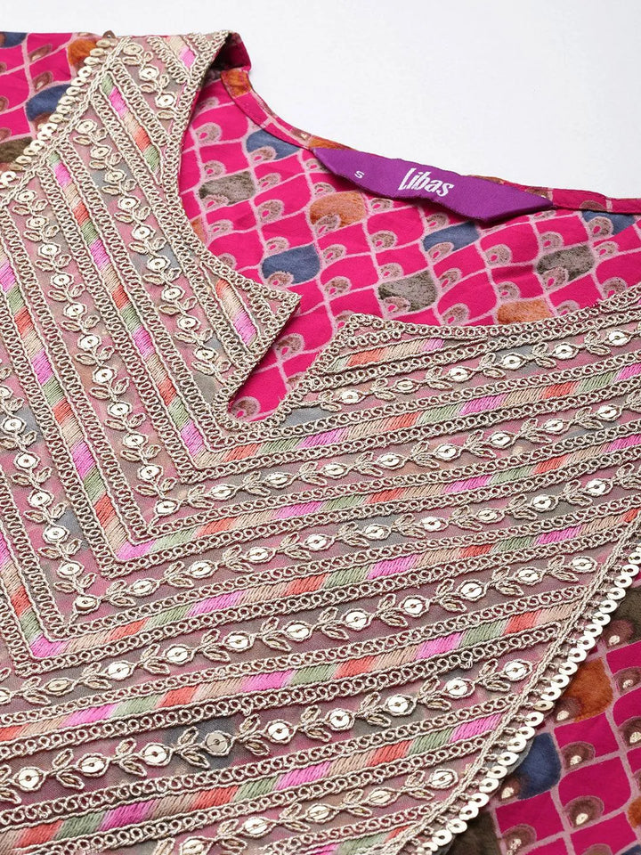 Pink Printed Silk Blend Straight Kurta With Trousers & Dupatta - Libas