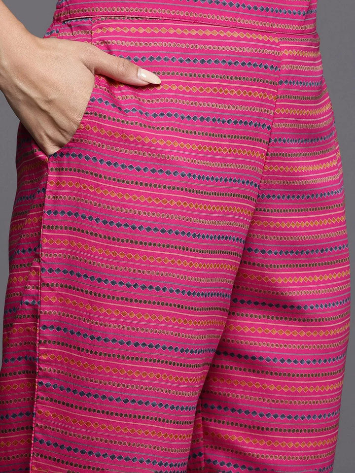 Pink Printed Silk Blend Straight Kurta With Trousers & Dupatta - Libas