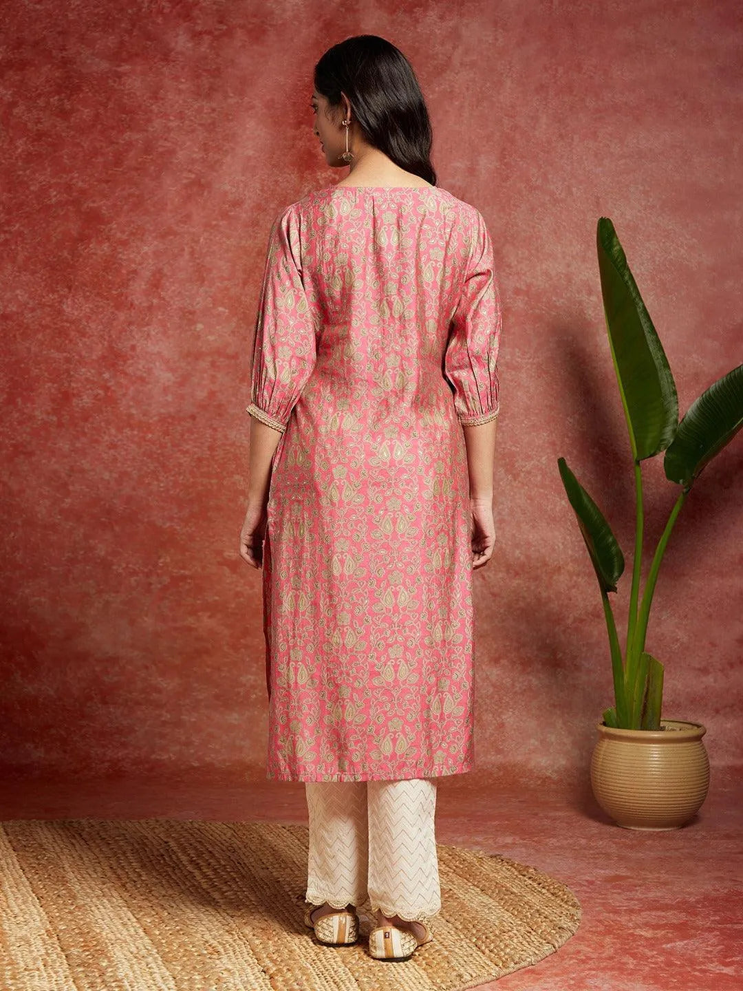 Pink Printed Silk Straight Kurta - Libas 