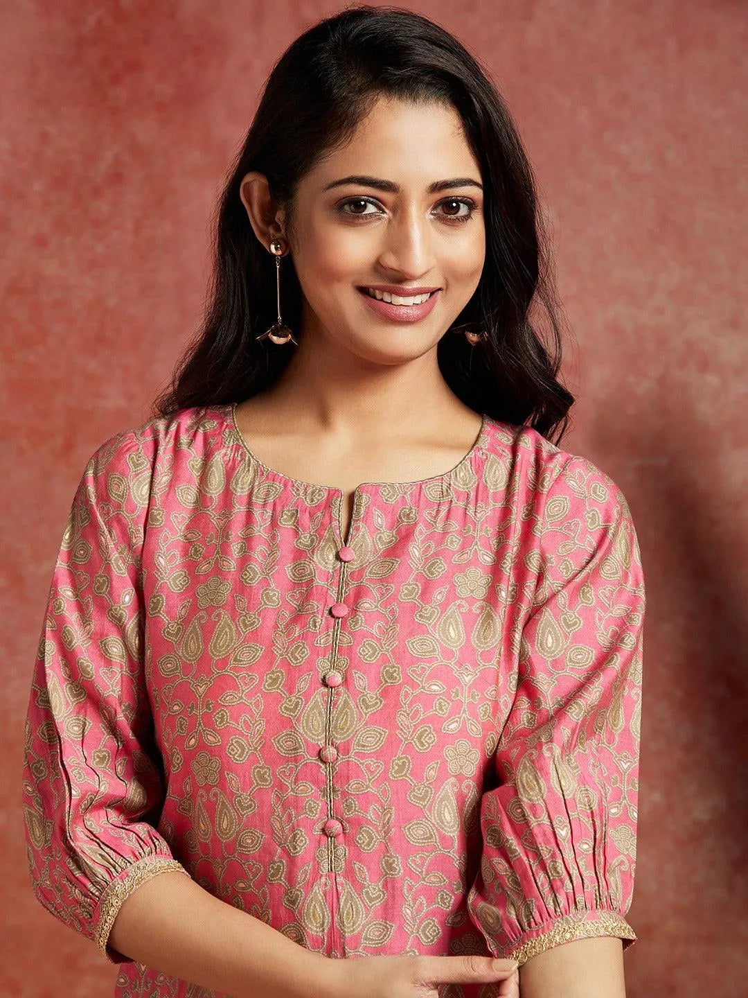 Pink Printed Silk Straight Kurta - Libas 