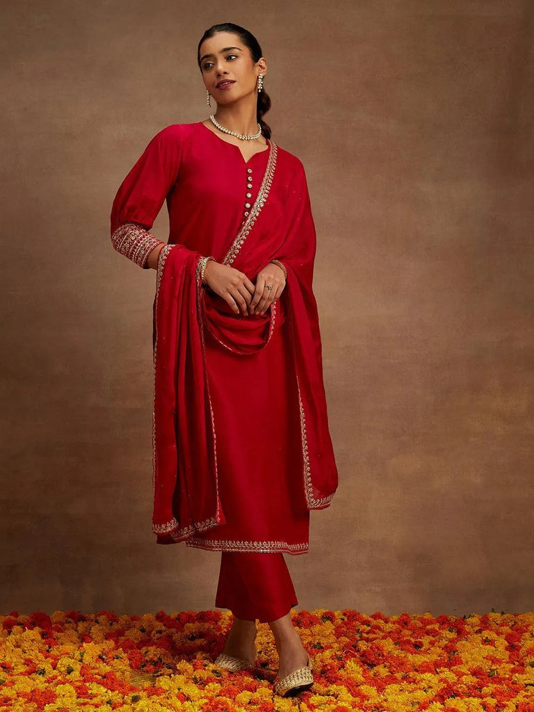 Libas Pink Solid Silk Blend Straight Suit With Dupatta