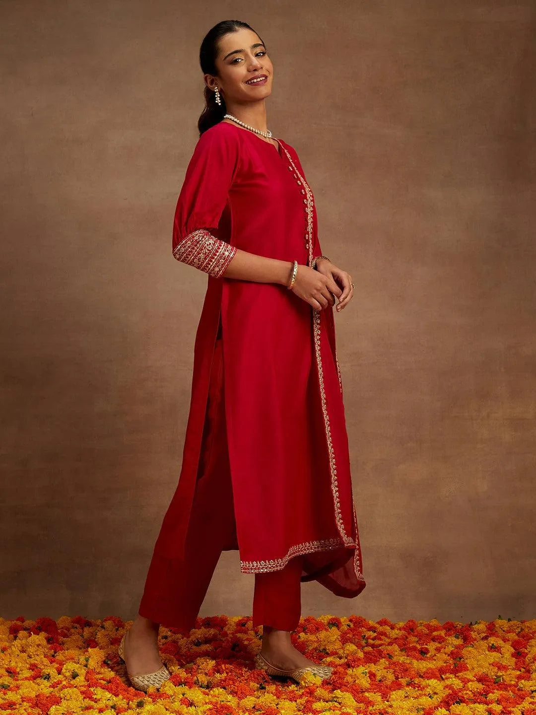 Pink Solid Silk Blend Straight Kurta With Palazzos & Dupatta - Libas 