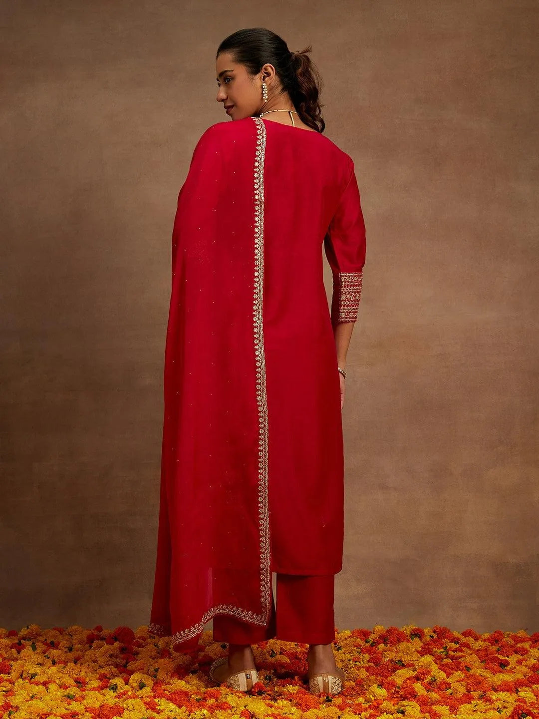 Pink Solid Silk Blend Straight Kurta With Palazzos & Dupatta - Libas 