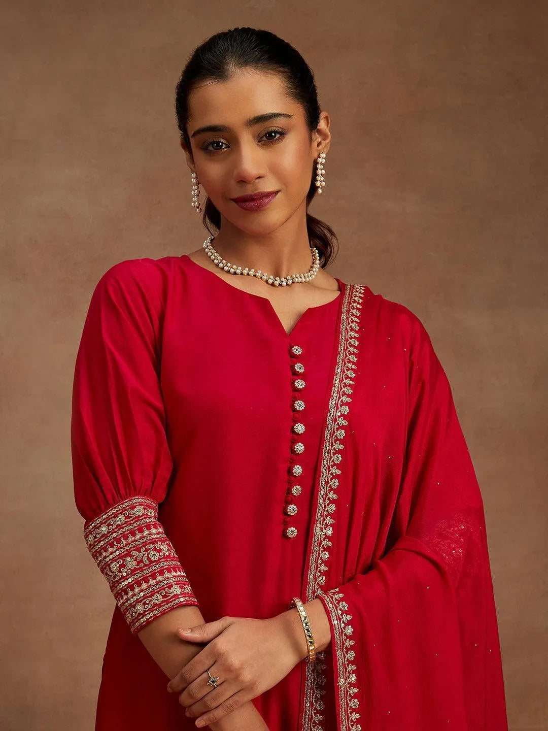 Pink Solid Silk Blend Straight Kurta With Palazzos & Dupatta - Libas 