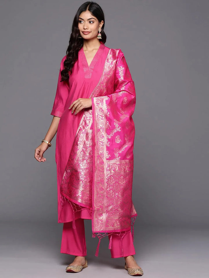 Pink Solid Silk Blend Straight Kurta With Trousers & Dupatta - Libas