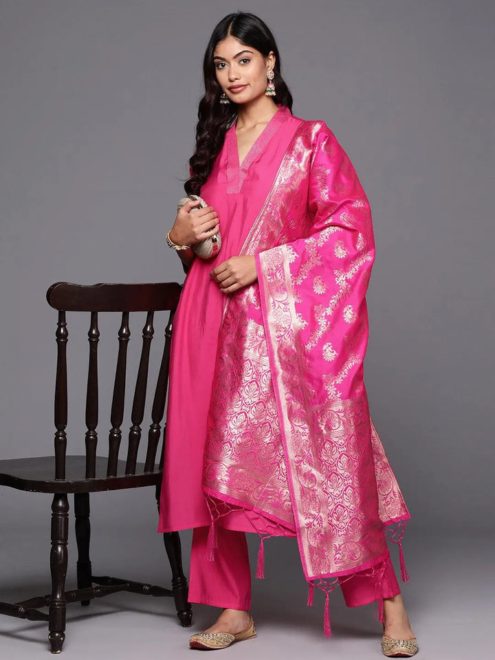 Pink Solid Silk Blend Straight Kurta With Trousers & Dupatta - Libas