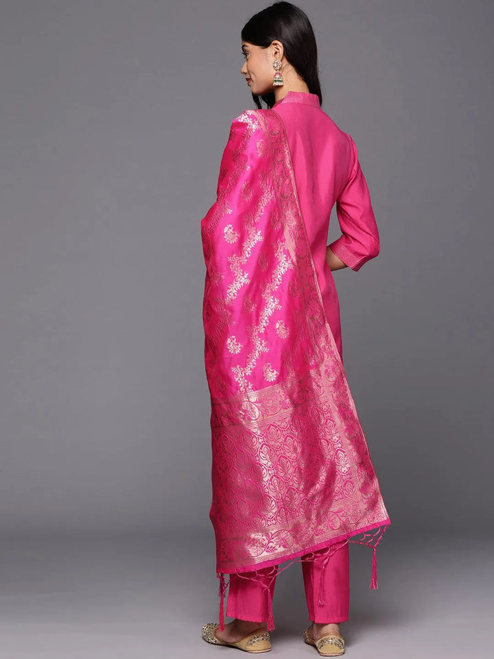 Pink Solid Silk Blend Straight Kurta With Trousers & Dupatta - Libas