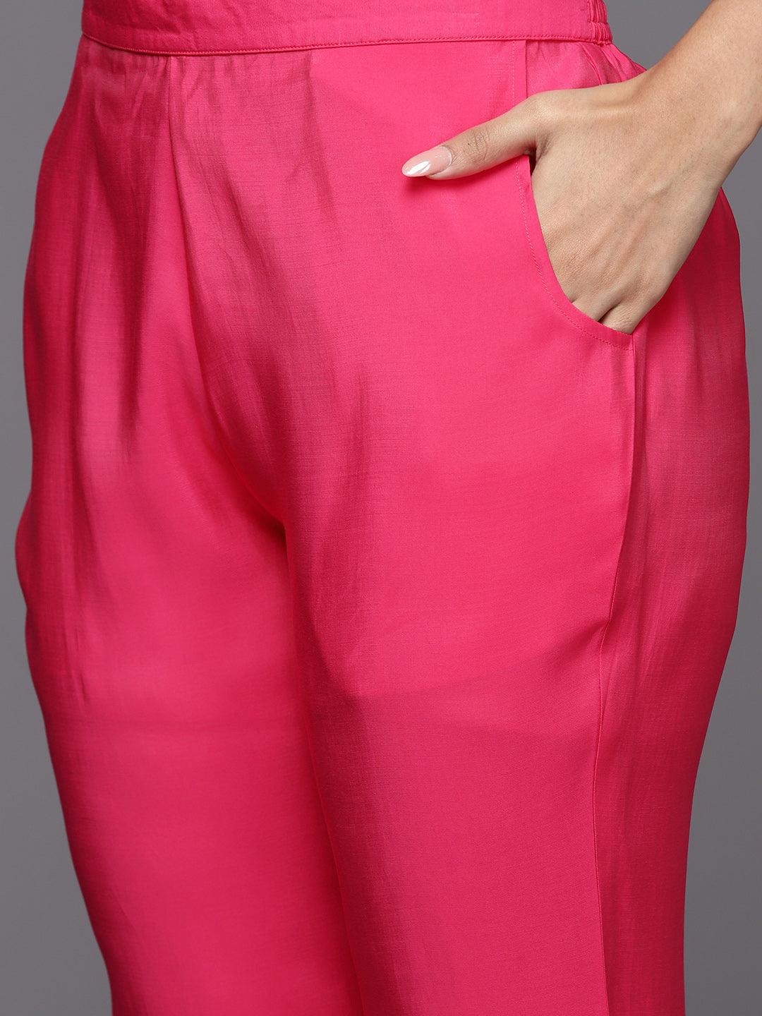 Pink Solid Silk Blend Straight Kurta With Trousers & Dupatta - Libas