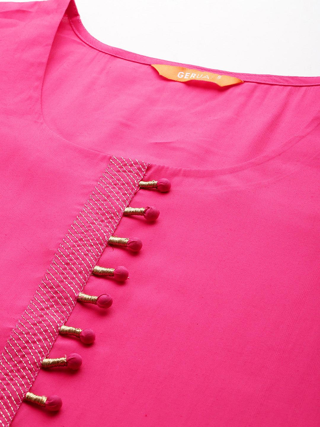 Pink Solid Silk Blend Straight Kurta With Trousers & Dupatta - Libas