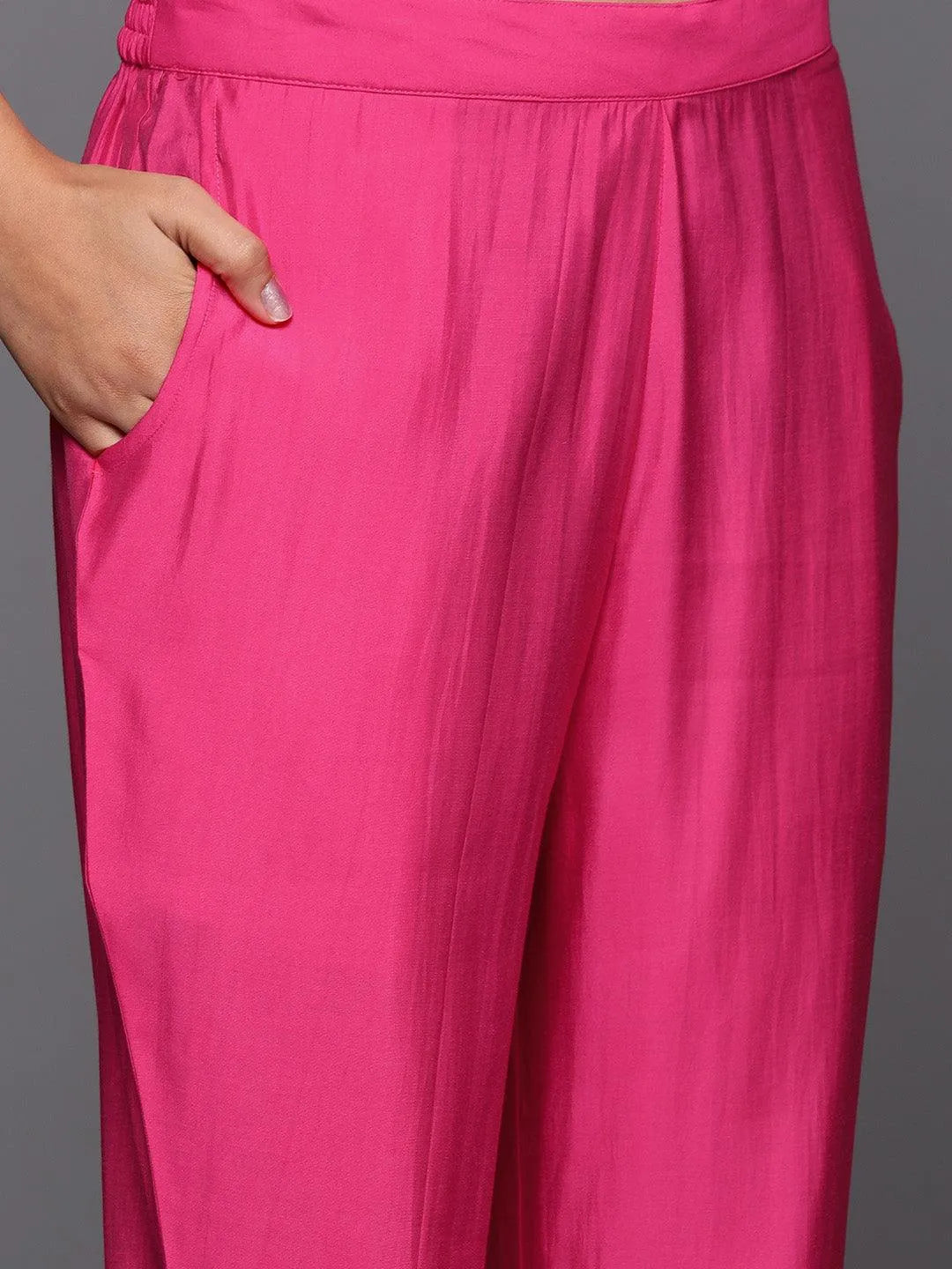 Pink Solid Silk Blend Straight Kurta With Trousers & Dupatta - Libas