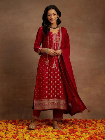 Pink Woven Design Silk Blend Straight Suit With Dupatta