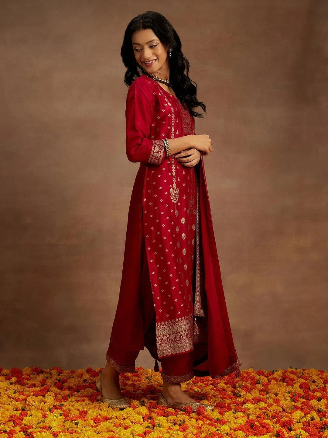 Pink Woven Design Silk Blend Straight Kurta With Trousers & Dupatta - Libas