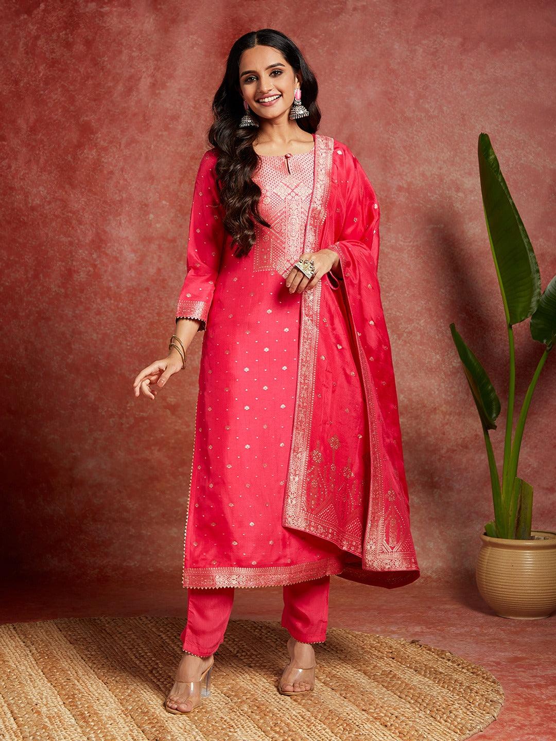 Pink Woven Design Silk Straight Suit With Dupatta