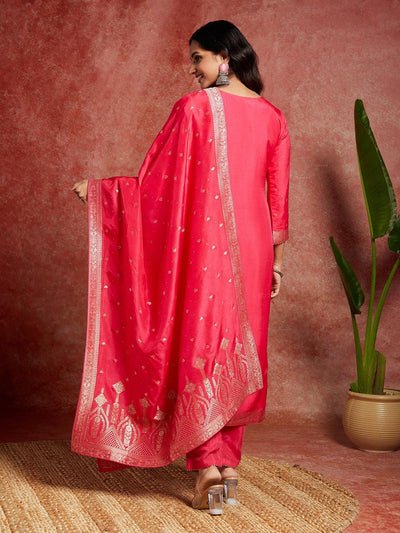 Pink Woven Design Silk Straight Kurta With Trousers & Dupatta - Libas