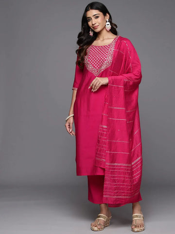 Pink Yoke Design Silk Blend Straight Suit With Dupatta