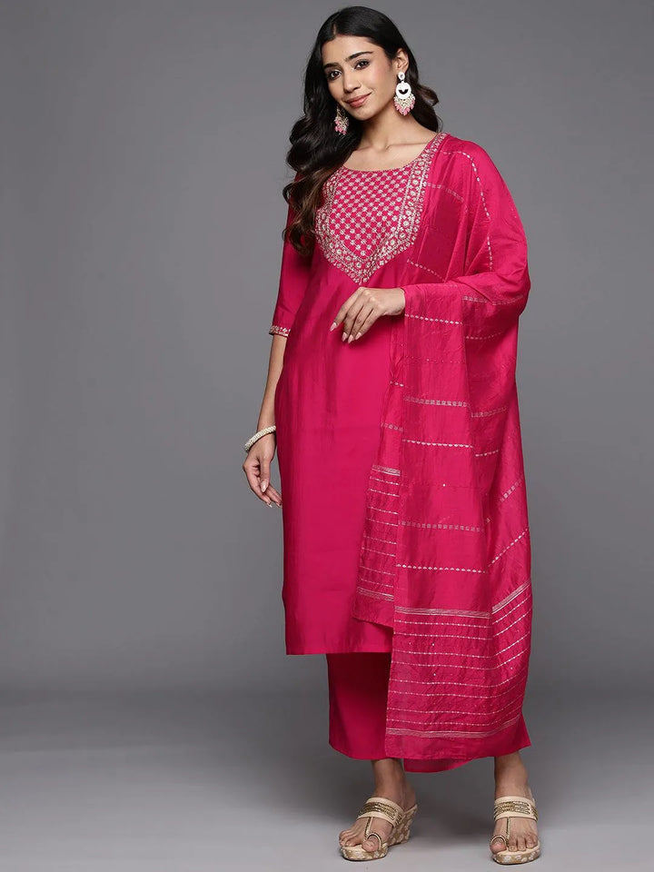 Pink Yoke Design Silk Blend Straight Kurta With Trousers & Dupatta - Libas